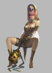 Rule 34 | 1girl, anklet, bad id, bad pixiv id, bare shoulders, barefoot, black nails, breasts, dark skin, dark-skinned female, egypt, egyptian, jewelry, large breasts, lots of jewelry, nail polish, original, pasties, red hair, short hair, skull, solo, take no ko (dodon), thighs, wand, yellow eyes