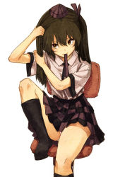 Rule 34 | 1girl, adjusting hair, black socks, brown hair, chair, checkered clothes, checkered skirt, hair ornament, hair ribbon, hat, himekaidou hatate, holding, holding own hair, kneehighs, leg up, long hair, looking up, mouth hold, panties, ribbon, ribbon in mouth, shirt, short sleeves, simple background, sitting, skirt, socks, solo, tokin hat, touhou, twintails, tying hair, underwear, urin, vest, white background