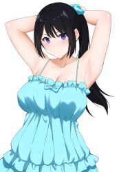 Rule 34 | 1girl, absurdres, alternate breast size, arind yudha, armpits, arms up, blue dress, breasts, closed mouth, collarbone, dress, frilled dress, frills, hibike! euphonium, high ponytail, highres, kousaka reina, large breasts, purple eyes, simple background, solo, spaghetti strap, tying hair, upper body, white background