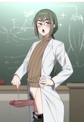 Rule 34 | 1boy, androgynous, belt, blush, brown eyes, chalkboard, clothes pull, coat, dark penis, erection, glasses, green hair, highres, in (ain), long hair, male focus, male pubic hair, mature male, mole, mole under eye, open mouth, original, pants, pants pull, penis, ponytail, precum, precum string, pubic hair, solo, sweater, teacher, testicles, textless version, trap, uncensored, white coat