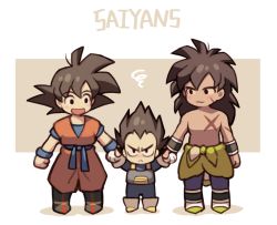 Rule 34 | 3boys, :&lt;, :3, :d, absurdres, ankle boots, armor, arms at sides, beige background, black eyes, black hair, black wristband, blue bodysuit, blue footwear, blue sash, blue wristband, blush stickers, bodysuit, boots, border, broly (dragon ball super), chibi, dark-skinned male, dark skin, dougi, dragon ball, dragon ball super, dragon ball super broly, dragonball z, facial scar, frown, full body, gloves, height difference, highres, holding hands, lineup, long hair, male focus, minor (minor2730), multiple boys, no nose, obi, open mouth, purple legwear, saiyan armor, sash, scar, scar on arm, scar on cheek, scar on chest, scar on face, shadow, smile, son goku, spiked hair, square, squiggle, standing, text focus, topless male, two-tone background, v-shaped eyebrows, vegeta, white border, white footwear, white gloves, wide-eyed, wristband