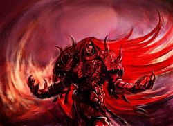 Rule 34 | 1boy, armor, elizaveta bikuin, full armor, long hair, magnus the red, male focus, one-eyed, open mouth, pauldrons, red background, red hair, red theme, shoulder armor, solo, spikes, warhammer 40k