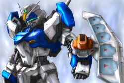 crossover duel_disk duel_gundam fineitogel glowing glowing_eyes grey_background gundam gundam_seed mecha no_humans robot simple_background upper_body v-fin yu-gi-oh!