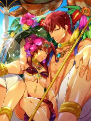 Rule 34 | 1boy, 1girl, abs, anklet, banana, bandeau, bikini, bikini top only, bracelet, breasts, capri pants, choker, collar, dark skin, earrings, flower, food, fruit, hair flower, hair ornament, hat, height difference, hibiscus, hoop earrings, jewelry, legs together, light rays, lily (flower), lip piercing, looking at viewer, magi the labyrinth of magic, masrur, matsuo shin, md5 mismatch, midriff, morgiana, muscular, navel, navel piercing, neck ring, necklace, nipples, pants, piercing, plant, red hair, sarong, sitting, size difference, small breasts, spread legs, sunbeam, sunlight, swimsuit, vest