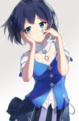Rule 34 | 1girl, alternate costume, blue eyes, blue hair, closed mouth, hands on own face, highres, honkai (series), honkai impact 3rd, looking at viewer, looking to the side, school uniform, seele vollerei, seele vollerei (swallowtail phantasm), shadow, simple background, smile, solo, tattoo, uniform, white background, yuyu guantou (marky)