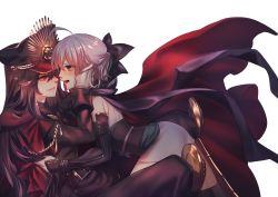 Rule 34 | 2girls, ahoge, black bow, black hair, black hat, black scarf, blonde hair, blush, bow, cape, commentary request, eye contact, face-to-face, family crest, fate/grand order, fate (series), from side, half updo, hand on another&#039;s face, hat, highres, imminent kiss, japanese clothes, kimono, koha-ace, long hair, looking at another, military, military hat, military uniform, multiple girls, oda nobunaga (fate), oda nobunaga (koha-ace), oda uri, okita souji (fate), okita souji (koha-ace), peaked cap, profile, rahato, red cape, red eyes, scarf, shinsengumi, short hair, sleeveless, sleeveless kimono, smile, toeless legwear, uniform, white background, white kimono, yuri