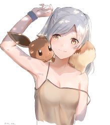 Rule 34 | 1girl, :3, alternate costume, arm at side, arm up, armpits, bare arms, bare shoulders, blush, breasts, brown eyes, brown tank top, closed mouth, collarbone, creatures (company), eevee, eye contact, female focus, fire emblem, fire emblem awakening, game freak, gen 1 pokemon, gloves, head tilt, highres, long hair, looking at another, neck, niko (aiai03012), nintendo, off shoulder, on shoulder, pokemon, pokemon (creature), pokemon lgpe, pokemon on shoulder, robin (female) (fire emblem), robin (fire emblem), shade, silver hair, simple background, small breasts, smile, strap slip, super smash bros., swept bangs, tank top, twintails, upper body, white background, wristband