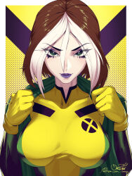Rule 34 | 1girl, 2024, adjusting clothes, artist name, bodysuit, breasts, brown hair, commentary, eyeliner, eyeshadow, female focus, gloves, green bodysuit, green eyes, green jacket, hair between eyes, highres, jacket, large breasts, looking at viewer, makeup, marvel, multicolored hair, open clothes, orouu, parted bangs, patterned background, purple eyeshadow, purple lips, rogue (x-men), short hair, smile, solo, straight-on, streaked hair, taut clothes, thick lips, two-tone bodysuit, upper body, white hair, x-men, x-men evolution, yellow background, yellow bodysuit, yellow gloves
