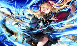Rule 34 | 1girl, artist name, black dress, black thighhighs, blonde hair, chain, dress, earrings, ereshkigal (fate), ereshkigal (third ascension) (fate), fate/grand order, fate (series), hair ribbon, jewelry, kousaki rui, lightning, long hair, looking at viewer, parted bangs, parted lips, red eyes, red ribbon, ribbon, signature, single thighhigh, skull, smile, solo, sparks, thighhighs, thighs, tiara, tohsaka rin, two side up, weapon, wide sleeves