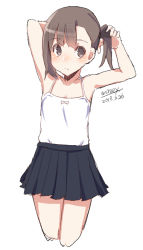 Rule 34 | 1girl, asymmetrical bangs, bare arms, bare shoulders, black skirt, blush, brown eyes, brown hair, camisole, closed mouth, cowboy shot, cropped legs, dated, looking at viewer, maze (gochama ze gohan), original, pleated skirt, side ponytail, signature, simple background, sketch, skirt, solo, tying hair, white background, white camisole