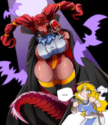 Rule 34 | 2girls, absurdres, bare legs, bare shoulders, bat (symbol), black cape, blonde hair, blue eyes, boots, braid, breasts, breasts out, cape, cup, curvy, dark-skinned female, dark skin, dragon tail, dragoontequila, drinking glass, fangs, halloween, halloween costume, highleg, highleg leotard, highres, holding, holding weapon, large breasts, leotard, lips, long hair, looking at viewer, mojito (dragoontequila), monster girl, multiple girls, night, night sky, original, red hair, red leotard, shiny skin, simple background, sky, smile, swimsuit, tail, tequila (dragoontequila), thigh boots, thighs, thong leotard, twin braids, twintails, vampire costume, weapon, wide hips, wine glass, yellow eyes