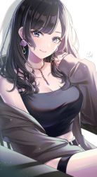 Rule 34 | 1girl, absurdres, bare shoulders, belt, black hair, black jacket, black shirt, blue eyes, breasts, cleavage, collarbone, crop top, earrings, hand up, highres, jacket, jewelry, large breasts, long hair, looking at viewer, mairo, midriff, necklace, off shoulder, open clothes, open jacket, original, shadow, shirt, sleeveless, sleeveless shirt, smile, solo, thigh strap, white background