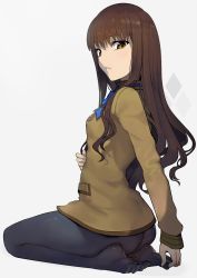 Rule 34 | 10s, 1girl, ass, black pantyhose, blue bow, blue bowtie, blush, bow, bowtie, brown eyes, brown hair, cardigan, commentary request, fate/extra, fate (series), feet, full body, grey background, hands on feet, highres, kishinami hakuno (female), long sleeves, looking at viewer, looking back, no pants, no shoes, pantyhose, parted lips, seiza, simple background, sitting, solo, toes, walzrj