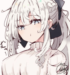 Rule 34 | 1girl, beni shake, black bow, bow, braid, breasts, closed mouth, commentary request, fate/grand order, fate (series), grey background, grey eyes, hair bow, long hair, looking at viewer, medium breasts, morgan le fay (fate), ponytail, ribbed sweater, signature, simple background, solo, sweater, turtleneck, turtleneck sweater, upper body, white hair, white sweater