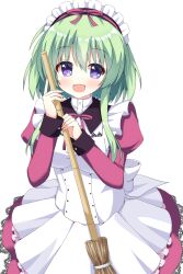 Rule 34 | 1girl, :d, angelina nanatsu sewell, apron, blush, breasts, broom, commentary, cowboy shot, green hair, hair between eyes, hair ribbon, hands up, happy, highres, holding, holding broom, juliet sleeves, large breasts, long sleeves, looking at viewer, maid, maid apron, maid headdress, mashiroiro symphony, open mouth, pink ribbon, pink shirt, pink skirt, puffy sleeves, purple eyes, ribbon, shirt, short hair with long locks, simple background, skirt, smile, solo, tareme, white apron, white background, wistar1as