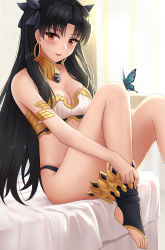 Rule 34 | 1girl, absurdres, bare shoulders, bed, black hair, blue butterfly, bow, breasts, bug, butterfly, butterfly on knee, cleavage, collar, collarbone, earrings, fate/grand order, fate (series), hair bow, highres, hoop earrings, bug, ishtar (fate), ishtar (fate), jewelry, knees up, long hair, looking at viewer, medium breasts, open mouth, red eyes, revealing clothes, rko (a470350510), sitting, smile, solo, thighs, two side up, very long hair