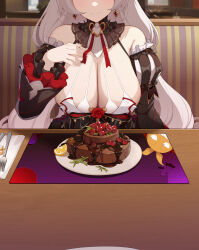 Rule 34 | 1girl, bare shoulders, bat (animal), bikini, blush, breast focus, breasts, cake, cherry, chinese commentary, chocolate cake, cleavage, closed mouth, commentary, commentary request, detached collar, detached sleeves, dress, earrings, flower, food, fork, frilled sleeves, frills, fruit, grey hair, hand on own chest, head out of frame, highres, homu (honkai impact), honkai (series), honkai impact 3rd, huge breasts, indoors, jewelry, kana (ky4696), knife, large breasts, lemon, lemon slice, long hair, long sleeves, looking at viewer, theresa apocalypse (luna kindred), mixed-language commentary, mole, plate, red eyes, red flower, red ribbon, red rose, ribbon, rose, sitting, smile, solo, strawberry, swimsuit, table, theresa apocalypse, theresa apocalypse (lunar vow: crimson love), very long hair, white bikini, white hair
