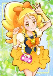 Rule 34 | 1girl, blonde hair, blurry, blurry background, blush, bow, brooch, cowboy shot, cure honey, forehead, hair bow, happinesscharge precure!, heart, heart brooch, jewelry, leaf, looking at viewer, magical girl, oomori yuuko, orange bow, pouch, precure, puffy short sleeves, puffy sleeves, shihou rebu, short sleeves, skirt, smile, solo, vest, wide ponytail, yellow eyes, yellow skirt