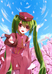 Rule 34 | 1girl, :d, aiguillette, bad id, bad pixiv id, badge, black gloves, blue sky, blush, branch, cherry blossoms, collar, cowboy shot, day, eyebrows, gloves, green hair, half gloves, hat, hatsune miku, highres, leaning forward, long hair, long sleeves, looking at viewer, military, military uniform, open mouth, outdoors, outstretched arm, pantyhose, peaked cap, petals, plant, pleated skirt, pov, purple pantyhose, red eyes, red hat, red skirt, rumata (tuine-naumoe), senbon-zakura (vocaloid), shoulder pads, sidelocks, skirt, sky, smile, solo, spring (season), tareme, tree, twintails, uniform, very long hair, vocaloid, wide sleeves