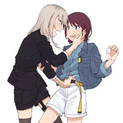 Rule 34 | 2girls, absurdres, belt, black jacket, black shorts, black thighhighs, blue eyes, blue jacket, blue shirt, blush, brown hair, collared shirt, commentary, dress shirt, eye contact, garter straps, girls band cry, grabbing another&#039;s arm, grey eyes, grey hair, hand on another&#039;s cheek, hand on another&#039;s face, hand under clothes, hand under shirt, highres, iseri nina, jacket, kawaragi momoka, long hair, looking at another, low twintails, midriff peek, multicolored hair, multiple girls, open clothes, open jacket, open mouth, r bishh, roots (hair), shirt, short hair, short twintails, shorts, sidelocks, simple background, sleeves past elbows, sweatdrop, teeth, thighhighs, twintails, upper teeth only, variant set, white background, white shorts, yellow belt, yuri