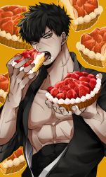 Rule 34 | 1boy, absurdres, black hair, commentary request, covered abs, doudanuki masakuni, eating, food, food focus, fruit, hair between eyes, highres, holding, holding food, japanese clothes, kimono, looking at viewer, meguo (guyutyankani), midriff sarashi, open clothes, open kimono, pectoral cleavage, pectorals, pie, pie slice, sarashi, scar, scar on arm, scar on chest, scar on face, scar on nose, solo, strawberry, strawberry pie, toned, toned male, touken ranbu, upper body, whipped cream