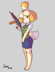 Rule 34 | 1girl, :&gt;, ak-47, animal crossing, animal ears, animal hands, artist name, assault rifle, barefoot, bell, blonde hair, blue skirt, blush stickers, breasts, brown eyes, closed mouth, dog ears, dog girl, dog tail, female focus, full body, furry, furry female, green vest, grey background, gun, hair bell, hair ornament, hair tie, half-closed eyes, hand up, happy, highres, holding, holding gun, holding weapon, isabelle (animal crossing), jingle bell, jpeg artifacts, kalashnikov rifle, legs together, looking to the side, machine gun, miniskirt, neck ribbon, nintendo, pawpads, pencil skirt, plaid, plaid vest, red ribbon, ribbon, rifle, shirt, short hair, short sleeves, signature, simple background, skirt, small breasts, smile, solo, standing, suenbroe, tail, topknot, trigger discipline, vest, weapon, white shirt