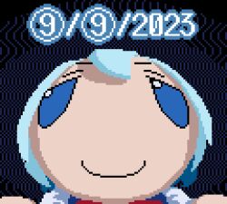 Rule 34 | 1girl, 2023, avolicis, blue background, blue eyes, blue hair, bow, bowtie, cirno, cirno day, closed mouth, commentary, dark background, dated, english commentary, fumo (doll), hair between eyes, looking at viewer, photo-referenced, pixel art, portrait, puffy short sleeves, puffy sleeves, red bow, short sleeves, simple background, smile, smug, solo, straight-on, striped, striped background, touhou