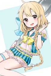 Rule 34 | 1girl, ahoge, belt, blonde hair, blue shorts, blush, bow, bowtie, braid, brown eyes, commentary request, frilled shorts, frills, futaba anzu, highres, holding, holding spoon, idolmaster, idolmaster cinderella girls, long hair, looking at viewer, open mouth, oversized object, shirt, short shorts, short sleeves, shorts, sks (s3 rosquilla), smile, solo, spoon, striped clothes, striped shirt, striped shorts, thigh strap, twin braids, two-tone background, very long hair, wristband, yellow bow, yellow bowtie