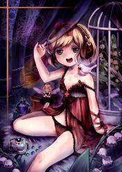 Rule 34 | 1girl, animal, animal on shoulder, arm ribbon, babydoll, bad id, bad pixiv id, bird, bird on shoulder, birdcage, blonde hair, blue eyes, bow, bowtie, cage, cross, curtains, damaged, eyelashes, fairy wings, flask, flower, hair bow, headphones, highres, jar, lily of the valley, lingerie, looking at viewer, medicine melancholy, off shoulder, open mouth, panties, red panties, ribbon, sanso, short hair, sitting, solo, strap slip, su-san, touhou, underwear, underwear only, wings