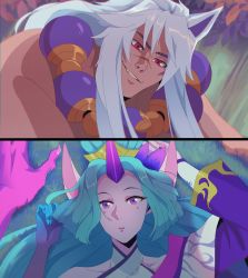 Rule 34 | 1boy, 1girl, 2koma, animal ears, bare shoulders, bead necklace, beads, collarbone, colored skin, comic, fox ears, grass, green hair, grey hair, grin, highres, horns, japanese clothes, jewelry, kimono, league of legends, long hair, looking at viewer, lying, multicolored skin, necklace, odeko yma, on back, pink eyes, pink skin, sett (league of legends), single horn, smile, soraka (league of legends), spirit blossom sett, spirit blossom soraka, teeth, topless male, two-tone skin