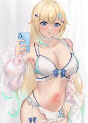 1girl absurdres aizawa_ema aizawa_ema_(vspo!_summer_2024) aoibajiru aqua_bikini aqua_gemstone bikini blonde_hair blue_bikini blue_bow blue_eyes blue_hair blush bow bow_bikini breasts bridal_garter cat_hair_ornament cellphone choker contrapposto detached_sleeves earrings frilled_bikini frills gradient_hair green_nails hair_flaps hair_ornament hairclip hand_on_own_hip highres holding holding_phone jewelry lace lace_choker large_breasts long_hair long_sleeves looking_at_viewer multi-strapped_bikini_bottom multi-strapped_bikini_top multicolored_hair navel parted_lips phone see-through_clothes see-through_sleeves selfie simple_background single_earring smartphone solo stomach swimsuit taking_picture two-tone_bikini very_long_hair virtual_youtuber vspo! white_background white_bikini white_choker