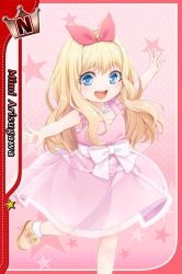 Rule 34 | 1boy, arisugawa mimi, blonde hair, blue eyes, blush, card (medium), character name, crossdressing, dress, hair ribbon, highres, i-chu, jewelry, long hair, male focus, necklace, official art, open mouth, pearl necklace, pink dress, ribbon, smile, solo, trap