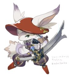 Rule 34 | 1boy, animal ears, artist name, atelier (series), atelier shallie, ears through headwear, furry, furry male, green eyes, hat, homura (atelier), japanese clothes, male focus, rabbit ears, sandals, simple background, solo, sword, weapon, white background