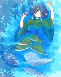 Rule 34 | 1girl, :s, afloat, blue eyes, blue hair, blue sash, blush, breasts, closed mouth, commentary request, fins, fish tail, from above, full body, green kimono, hair between eyes, head fins, japanese clothes, kaginoni, kimono, long sleeves, looking away, looking to the side, medium breasts, mermaid, monster girl, obi, ripples, sash, short hair, solo, tail, touhou, tree shade, wakasagihime, water, wide sleeves