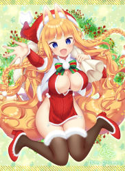 Rule 34 | 1girl, :d, animal ear fluff, animal ears, aran sweater, blonde hair, blue eyes, blush, bow, braid, breasts, brown thighhighs, cable knit, capelet, cleavage, cleavage cutout, clothing cutout, detached sleeves, dress, earrings, extra ears, flower, fox ears, fox tail, full body, fur-trimmed legwear, fur-trimmed sleeves, fur trim, hat, high heels, highres, jewelry, large breasts, long hair, looking at viewer, miyano ururu, no panties, open mouth, original, pom pom (clothes), red flower, red sweater, sack, santa hat, smile, snowflake earrings, solo, striped, striped bow, sweater, sweater dress, tail, thighhighs, twin braids, very long hair, white capelet