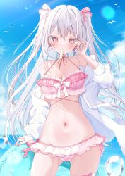 Rule 34 | 1girl, absurdres, beach, bikini, bikini skirt, blush, breasts, cleavage, collarbone, cowboy shot, day, dot nose, earrings, food, food in mouth, frilled bikini, frills, gluteal fold, grey hair, hair between eyes, hair tucking, heart, heart earrings, highres, horizon, jewelry, large breasts, legs apart, lens flare, long hair, looking at viewer, mouth hold, nail polish, navel, ocean, original, outdoors, pink bikini, pink eyes, pink nails, popsicle, popsicle in mouth, sidelocks, simple bird, skindentation, solo, stomach, swimsuit, tenti0619, thighs, twintails