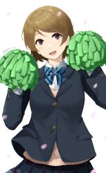 Rule 34 | 1girl, artist name, blazer, blue bow, blue bowtie, blue jacket, blue skirt, bow, bowtie, brown hair, buttoned cuffs, buttons, collared shirt, falling petals, hands up, highres, holding, holding pom poms, jacket, koizumi hanayo, long sleeves, looking at viewer, love live!, love live! school idol project, open mouth, otonokizaka school uniform, petals, plaid, plaid skirt, pleated skirt, pom pom (cheerleading), pom poms, purple eyes, school uniform, sheik lily, shirt, short hair, skirt, smile, solo, striped bow, striped bowtie, striped clothes, upper body, white shirt, wing collar, winter uniform