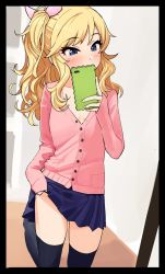 Rule 34 | 1girl, bad id, bad twitter id, black border, black thighhighs, blonde hair, blue eyes, blue skirt, blush, border, bow, breasts, buttons, cellphone, cleavage, clothes lift, commentary request, covered mouth, eyelashes, hair bow, highres, holding, holding phone, idolmaster, idolmaster cinderella girls, long hair, long sleeves, ohtsuki yui, omaru gyuunyuu, phone, pink bow, pink shirt, pleated skirt, ponytail, selfie, shirt, sidelocks, skirt, skirt lift, solo, swept bangs, thighhighs, thighs, v-neck, wavy hair