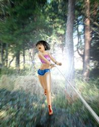 Rule 34 | 1girl, bare legs, bdsm, black hair, chain, crop top, cuffs, female focus, forest, handcuffs, midriff, motion blur, nature, open mouth, outdoors, plant, running, short hair, shorts, solo, tree