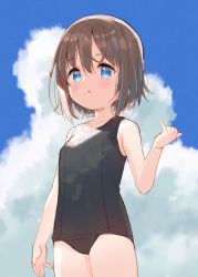Rule 34 | 1girl, bare arms, bare shoulders, black one-piece swimsuit, blue eyes, blue sky, blush, breasts, brown hair, cloud, cloudy sky, collarbone, commentary request, cowboy shot, day, hair between eyes, hand up, highres, meito (maze), old school swimsuit, one-piece swimsuit, original, outdoors, pinky out, school swimsuit, sky, small breasts, solo, standing, swimsuit