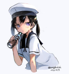 Rule 34 | 1girl, black hair, black sailor collar, bottle, dated, dress, hat, highres, kangoku kou, kantai collection, one-hour drawing challenge, purple eyes, sailor collar, sailor dress, sailor hat, short hair, short sleeves, shounan (kancolle), simple background, solo, twintails, twitter username, upper body, white background, white dress, white hat