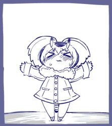 Rule 34 | &gt; &lt;, 1girl, animated, blue border, blue theme, blush, border, closed eyes, coat, commentary, flapping, flying, fur collar, hair between eyes, head wings, huge filesize, kemono friends, long sleeves, lowres, monochrome, northern white-faced owl (kemono friends), open mouth, sakino shingetsu, short hair, solo, struggling, sweat, tail, ugoira, video, wings