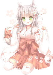 Rule 34 | 1girl, animal ears, bad id, bad pixiv id, blush, bow, commentary request, floral print, flower, full body, green eyes, hair flower, hair ornament, highres, japanese clothes, kimono, kneehighs, kuma (happylocation), long hair, long sleeves, low-tied long hair, miko, open mouth, original, red bow, sash, silver hair, socks, solo, thighhighs, white flower, white kimono, white socks, wide sleeves, wolf ears, wolf girl, zettai ryouiki