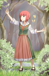 Rule 34 | 10s, 1girl, :o, alternate costume, arm up, atatata71, bad id, bad pixiv id, bird, blunt bangs, brown eyes, bug, bush, butterfly, collarbone, dress, eyebrows, forest, full body, german clothes, grass, highres, hood, hood down, insect, kantai collection, karikura (atatata71), light rays, nature, outdoors, outstretched arms, red hair, short hair, solo, sunbeam, sunlight, tree, z3 max schultz (kancolle)