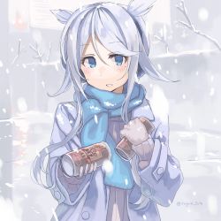 Rule 34 | 1girl, blue eyes, blue scarf, blush, braid, buttons, can, coat, grey coat, highres, holding, holding can, kantai collection, long hair, long sleeves, looking at viewer, mole, mole under eye, outdoors, scarf, silver hair, single braid, snow, snowing, solo, sugue tettou, twitter username, umikaze (kancolle), umikaze kai ni (kancolle), upper body