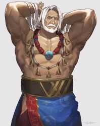 Rule 34 | 1boy, abs, armpits, arms up, bara, beard, blue eyes, clothing cutout, cowboy shot, dark-skinned male, dark skin, facial hair, grey background, hair lift, hand in own hair, highres, jewelry, jp (street fighter), large pectorals, long hair, long skirt, looking at viewer, male focus, mature male, muscular, muscular male, mustache, necklace, nipples, official alternate costume, old, old man, pectorals, presenting armpit, sa1k0p, skirt, solo, street fighter, street fighter 6, thick eyebrows, thick mustache, thigh cutout, topless male, veins, white hair