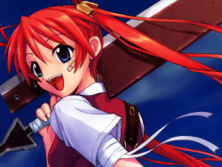 Rule 34 | 00s, 1girl, :d, bandaged arm, bandages, bandaid, bandaid on face, bell, hair bell, hair ornament, heterochromia, hontai bai, kagurazaka asuna, mahou sensei negima!, open mouth, orange hair, over shoulder, school uniform, short sleeves, smile, solo, sword, sword over shoulder, textless version, twintails, upper body, weapon, weapon over shoulder