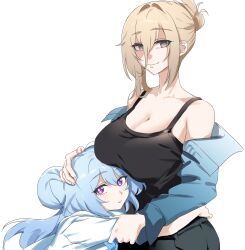 Rule 34 | 2girls, aponia (honkai impact), black tank top, blonde hair, blue hair, blue jacket, breasts, cleavage, commentary request, grey eyes, griseo, hair between eyes, hair bun, highres, honkai (series), honkai impact 3rd, hug, jacket, kame (addlechicken), large breasts, looking at viewer, multiple girls, off shoulder, parted lips, purple eyes, simple background, smile, tank top, white background