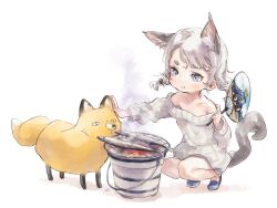 Rule 34 | 1girl, :t, animal, animal ears, bare shoulders, blue eyes, blush, cat ears, cat tail, cooking, fish (food), fox, grey hair, grill, grilling, hand fan, highres, holding, holding fan, nenena, off-shoulder sweater, off shoulder, original, pout, pushing away, short twintails, simple background, squatting, sweater, tail, twintails, white background