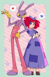 Rule 34 | 1boy, 1girl, animal ears, arm up, black eyes, blue bow, blue dress, bow, button eyes, buttons, closed mouth, colored sclera, crossed arms, dress, frown, gloves, hair bow, heart, highres, jax (the amazing digital circus), nogizi, overalls, patch, purple fur, rabbit boy, rabbit ears, ragatha (the amazing digital circus), red hair, red overalls, signature, smirk, speech bubble, spoken squiggle, squiggle, the amazing digital circus, yellow gloves, yellow sclera, yellow teeth